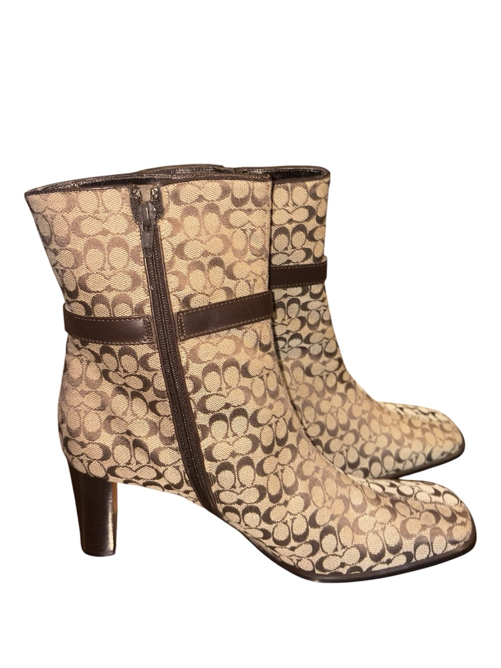 Size 10 Coach Signature Pattern Ankle Boots in Beige and Brown